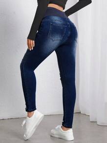 SHEIN Maternity Distressed Casual Versatile Skinny Denim Jeggings Maternity Jeans - Dark Wash - View 2