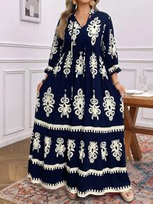 SHEIN PETITE CURVE Abito casual da vacanza, stile western, con stampa pasquale, adatto per festival musicali, taglie comode - Blu Navy - Visualizzare 6