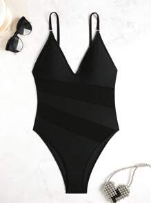 Swim Vcay Mesh Patchwork Plunging Neckline Sexy Fashionable Spaghetti Strap One-Piece Swimsuit