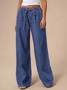 Forever 21 Women's Casual Loose Drawstring Waist Wide Leg Jeans - Blue - View 5