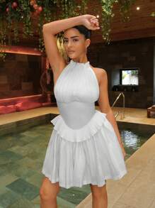 SHEIN SXY Women's White Summer 70s Party Prom Dress,Bohemia Pleated Halter Strap Hollowed-Out Back Puffy Hem Slim Mini Dress,Elegance Wedding Guest Vacay Outfit - White - View 6