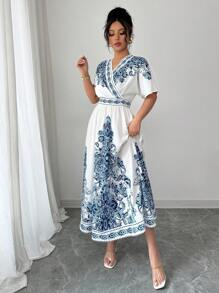 Chiquease Women V-Neck Loose Placement Floral Midi Dress, Casual And Holiday Style, Spring/Summer - Multicolor - View 3