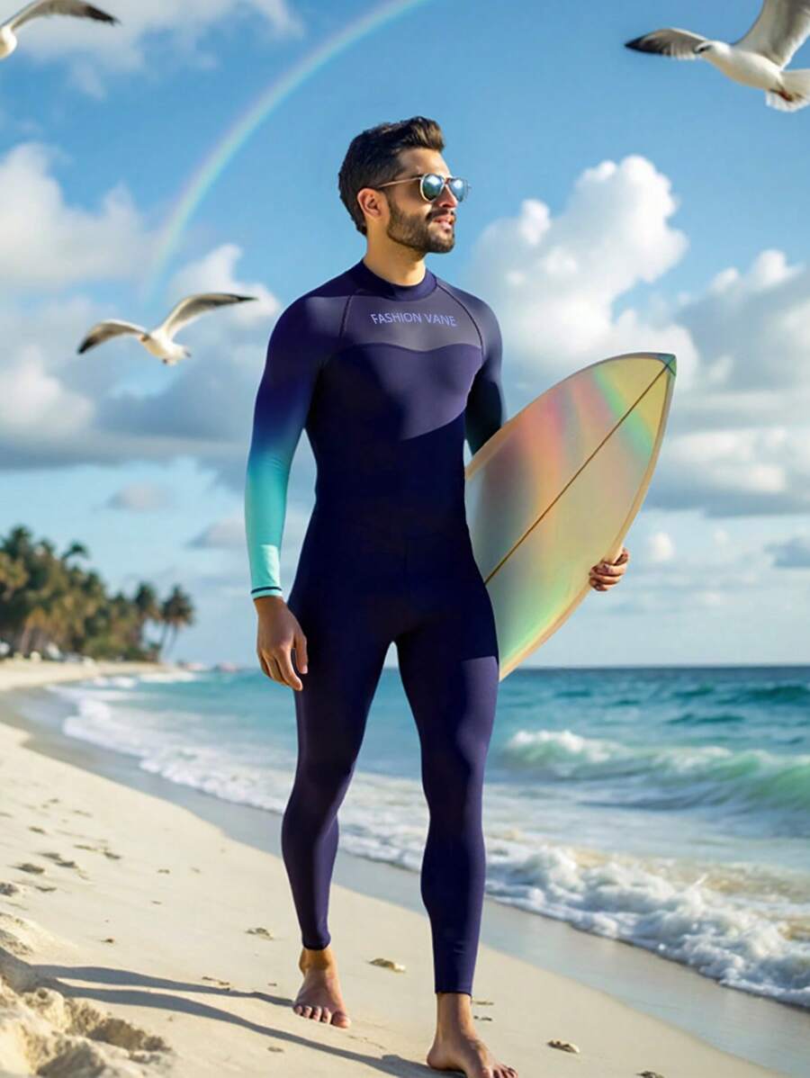 Manfinity Swimmode Men's Letter Printed Gradient One-Piece Swimsuit - Multicolor - View 1