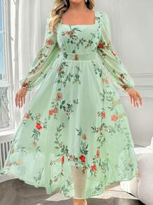 SHEIN Clasi Plus Size Elegant Rose Print Chiffon Waist Pleated Lantern Sleeve Dress, Suitable For Spring And Autumn,Valentine - Green - View 6