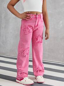 1pc Tween Girls Star Embroidered Straight Leg Jeans, Does Not Include Accessories