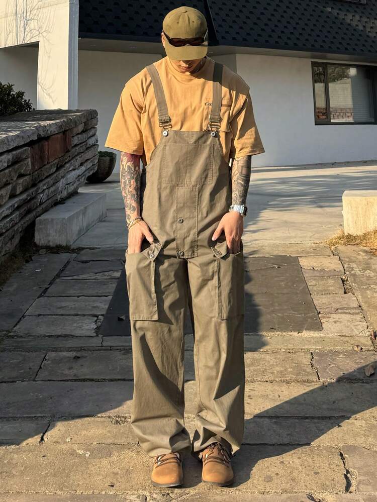 Summer Solid Green Outdoor Cargo Suspender Pants For Men