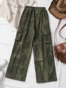 SHEIN 2025 Spring/Summer New Casual Comfortable Distressed Vintage Military Green Tween Girls' Pants, Suitable For Daily Wear, Outdoor Play, And Family Vacation