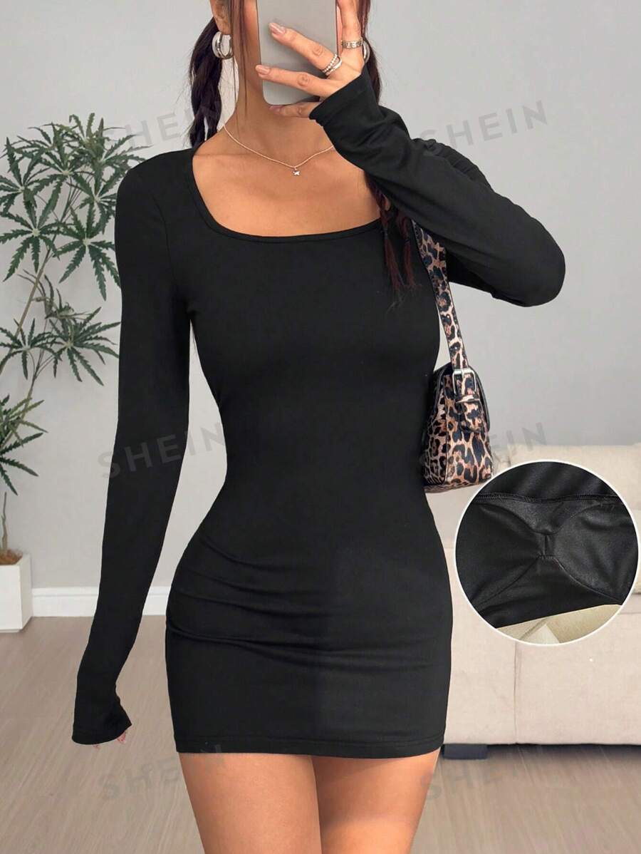 Lunelith SHEIN Lunessa Vestido informal de manga larga, ajustado, cuello cuadrado y unicolor, minimalista y de moda para uso diario para mujer