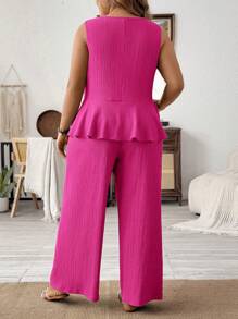 SHEIN LUNE Plus Size Women 2pcs/Set Solid Color Round Neck Ruffle Hem Sleeveless Top And Wide Leg Pants Casual Suit - Hot Pink - View 2
