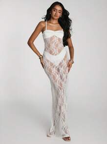 SHEIN BAE Women's Vacation Lace Ruffle Strap Fitted Coverup Dress - White - View 3