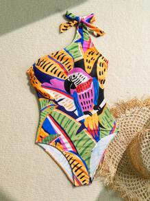 Soleia 女士浪漫花卉印花褶皱露背系带蝴蝶结连体泳衣，甜美别致的假日装 - 彩色 - 查看 5