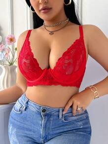 Valentine's Day Plus Size Full Cup Underwire Padded Lace Patchwork Heart Decor Lingerie Brassiere - Red - View 4