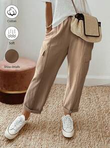 Chiquease 女士休闲亚麻喇叭裤，春夏 - 卡其色 - 查看 1