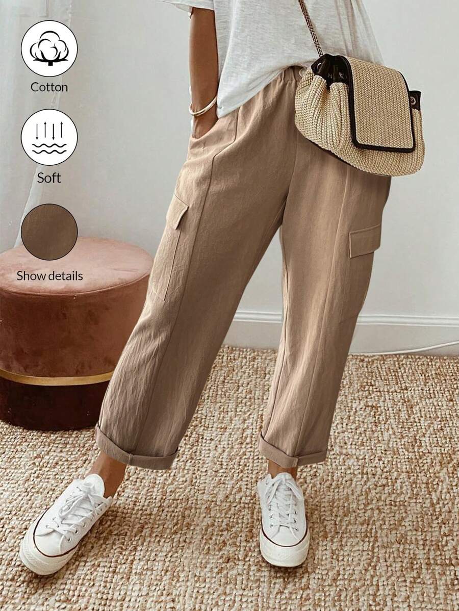 Chiquease 女士休闲亚麻喇叭裤，春夏 - 卡其色 - 查看 1