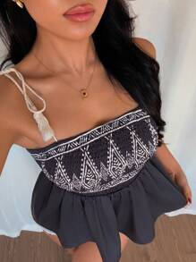 Chiquease 度假休闲流苏绑带复古印花无袖喇叭下摆夏季吊带背心上衣 - 黑色 - 查看 3