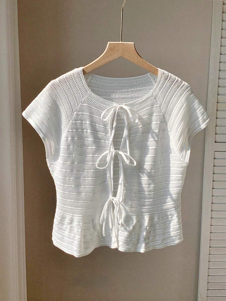 Comfortcana Women's White Solid Color Front Tie Short Sleeve Casual Thin Cardigan,Vacation Tops - White - View 1