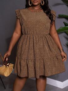SHEIN CURVE+ Plus Size Round Neck Ruffle Hem Leopard Print Fashion Casual Dress Boho Vacation - Brown - View 1
