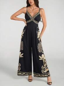 SHEIN Tall 女士波西米亚风香蕉树和椰子树印花无袖黑色长款连体裤假日休闲海滩夏季连体裤 - 彩色 - 查看 6