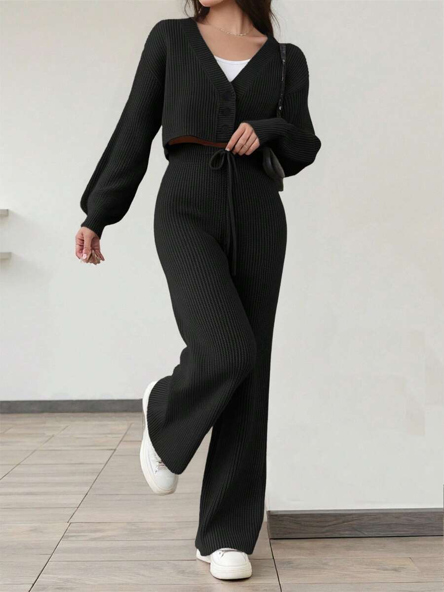 SHEIN Leap Crew Teen Girls Khaki V-Neck Cardigan & Pants Knit Casual Sweater Set