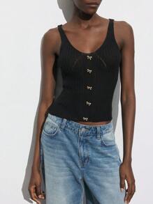 Maija 女式黑色无袖蝴蝶结金属装饰性感休闲针织毛衣上衣，适合音乐节和日常穿着