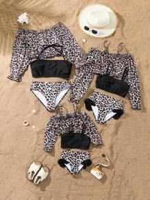 3pcs Tween Girl' Leopard Printed Tankini Swimwear Set With Long Sleeve Rash Guard, Minimalist And Fashionable - Multicolor - View 1