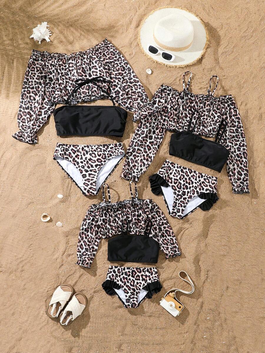 3pcs Tween Girl' Leopard Printed Tankini Swimwear Set With Long Sleeve Rash Guard, Minimalist And Fashionable - Multicolor - View 1