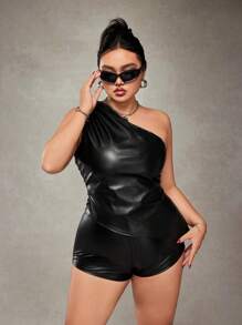 SHEIN ICON 加大码不对称领口紧身性感 PU 皮革衬衫