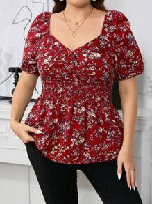 SHEIN Clasi Plus Size Casual Commuting Tiny Ditsy Floral Puff Sleeve Shirt - Burgundy - View 3