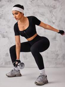 SHEIN Sport Studio Women's Solid Color Cropped Top And Leggings Seamless Activewear Set