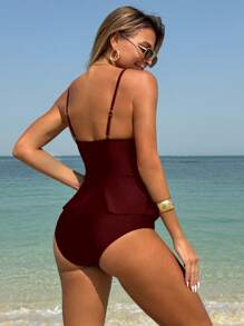 Swim Lushoire Conjunto de 2 piezas de tankini de traje de baño con parte superior triángulo y Bottom con volantes y cruz retorcida en color liso