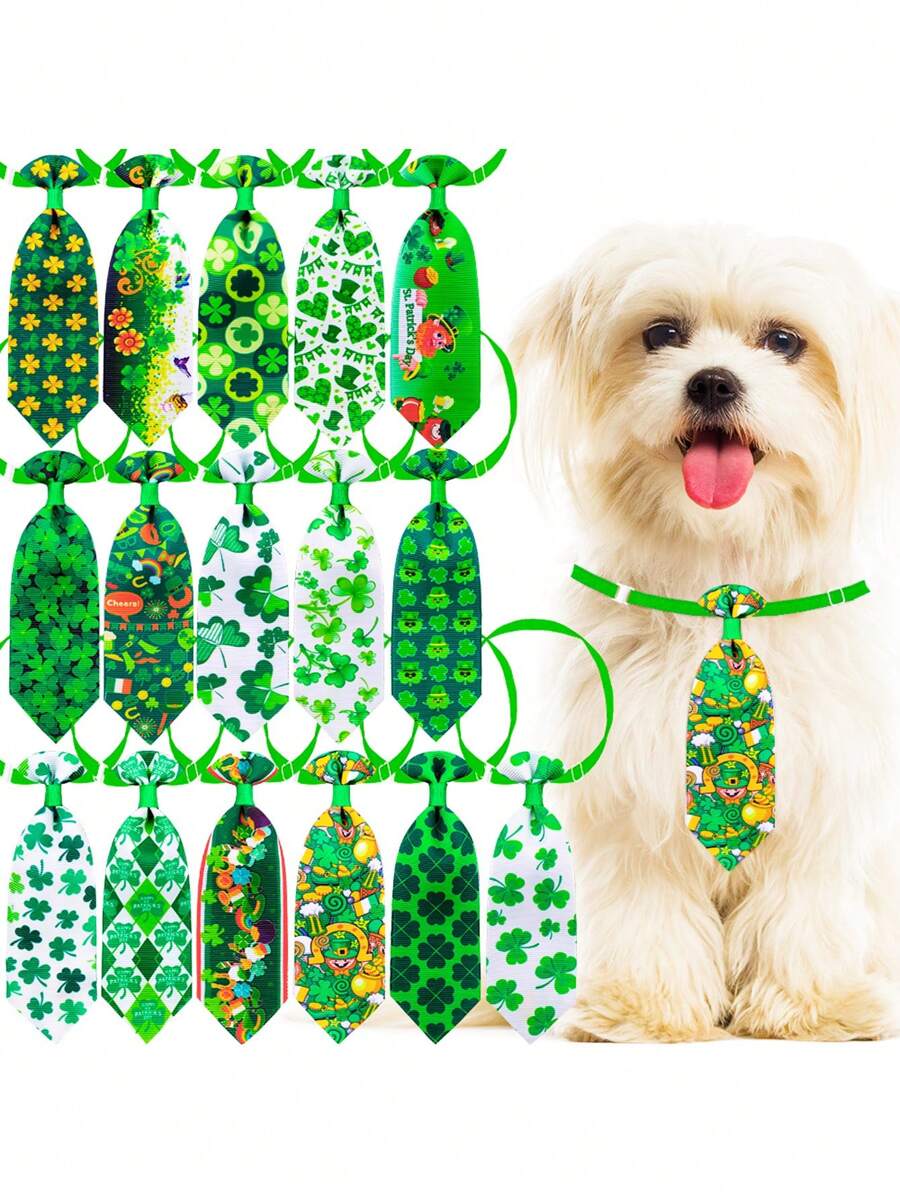 PETSIN 2/3/4pcs Random Pet Necktie, St. Patrick's Day Clover Sketch Decor, Dog Cat Grooming Accessories - Multicolor - View 1