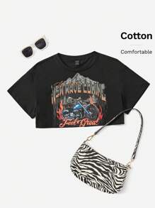 SHEIN EZwear توب قصير بطباعة الدراجة النارية والشعار أفضل ما يكون موجة جديدة قادمة شعور رائع