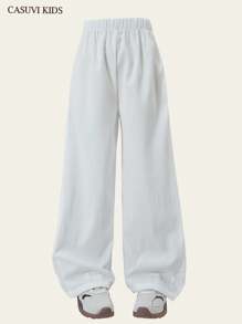 SHEIN Casuvi Kids 1pc Tween Girl High-Quality Textured Fabric White Casual High-End Comfortable Long Pants, New Summer Style Girls Pants Outfits - White - View 5