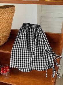 Comfortcana 大码粉色格子蝴蝶结装饰休闲短裤，春夏装 - 黑與白 - 查看 5