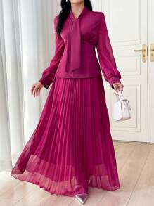 Modelyn 2pcs Women Elegant Suit Set: Pleated Skirt And Jacket - Hot Pink - View 1
