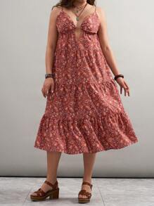 SHEIN VCAY Vestido informal de tirantes con estampado floral para tallas grandes, ropa de mujer estilo bohemio, vestidos de verano, vestido floral para mujer