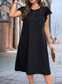 SHEIN LUNE Vestido amplio de mujer unicolor en gasa con diseño de parches, volantes y mangas acampanadas - Negro - Ver 3
