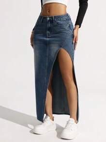SHEIN EZwear Jupe en jean décontractée pour femmes, minimaliste et pour une utilisation quotidienne - Bleu azur - Voir 6