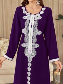 Al Najma Elegant Embroidered Rope Panel & Luxurious Purple Splice Glamorous Ladies Dress Kaftan Jalabiya Dress - Purple - View 6