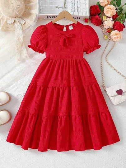 Elladie kids 年轻女孩红色蝴蝶结装饰短袖 A 字形公主派对礼服，适合派对和节日，夏季