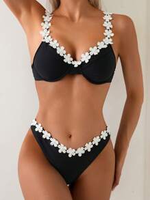 SHEIN Swim Women 2pcs/Set Solid Color Underwire Bra And Floral Low Rise Panty, Adult Floral Bikini Swimwear Set, Spring Break For Summer Beach Vacation - Multicolor - View 3