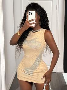 BamGleam Rhinestone Palm Decor Sexy Mini Dress, Casual Simple Fashion For Everyday Wear - Apricot - View 1