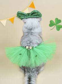 PETSIN 2pcs St. Patrick's Day Pet Bow Headband & Lace Skirt Set