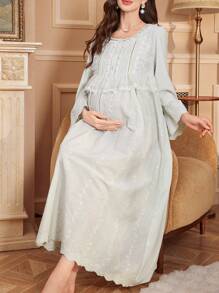 PalaceNights 孕妇宫廷风刺绣宽松圆领长袖睡裙，奢华家居服，适合秋冬季穿着 - 薄荷綠 - 查看 3