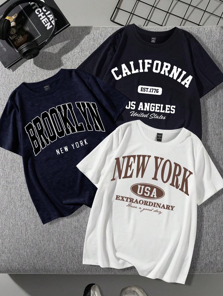 Attitoon 3 件套休闲简约纽约英伦图案圆领短袖宽松 T 恤女款，适合夏季 - 彩色 - 查看 1