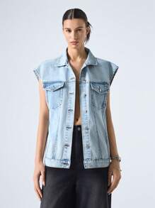 LYSMO Women's Single-Breasted Cap Sleeves Cargo Pocket Casual Loose Denim Jacket 2025 New Arrivel Summer - Blue - View 1