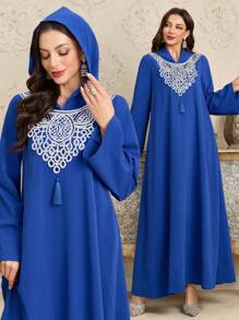 Al Najma Women's Long Sleeve Hooded Arabian Dress With Patch Decor,Modest - Blue - View 1