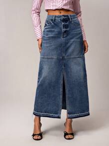 Forever 21 全新 直筒前开衩休闲复古水洗女式长款牛仔 A 字裙 - 藍色 - 查看 1