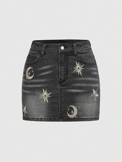 Hippie Women's Moon & Star Embroidered Denim Mini Skirt
