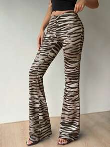 Aloruh Quần ống loe bó sát cạp thấp in họa tiết ngựa vằn và động vật cho lễ hội âm nhạc dành cho nữ dài thêm - Nhiều màu - Xem 7